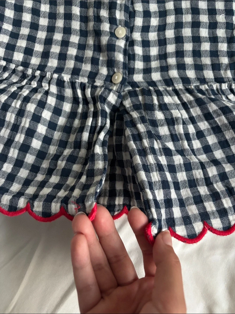 Old Navy Navy and White Gingham Peplum Tank with Red Scallop Trim